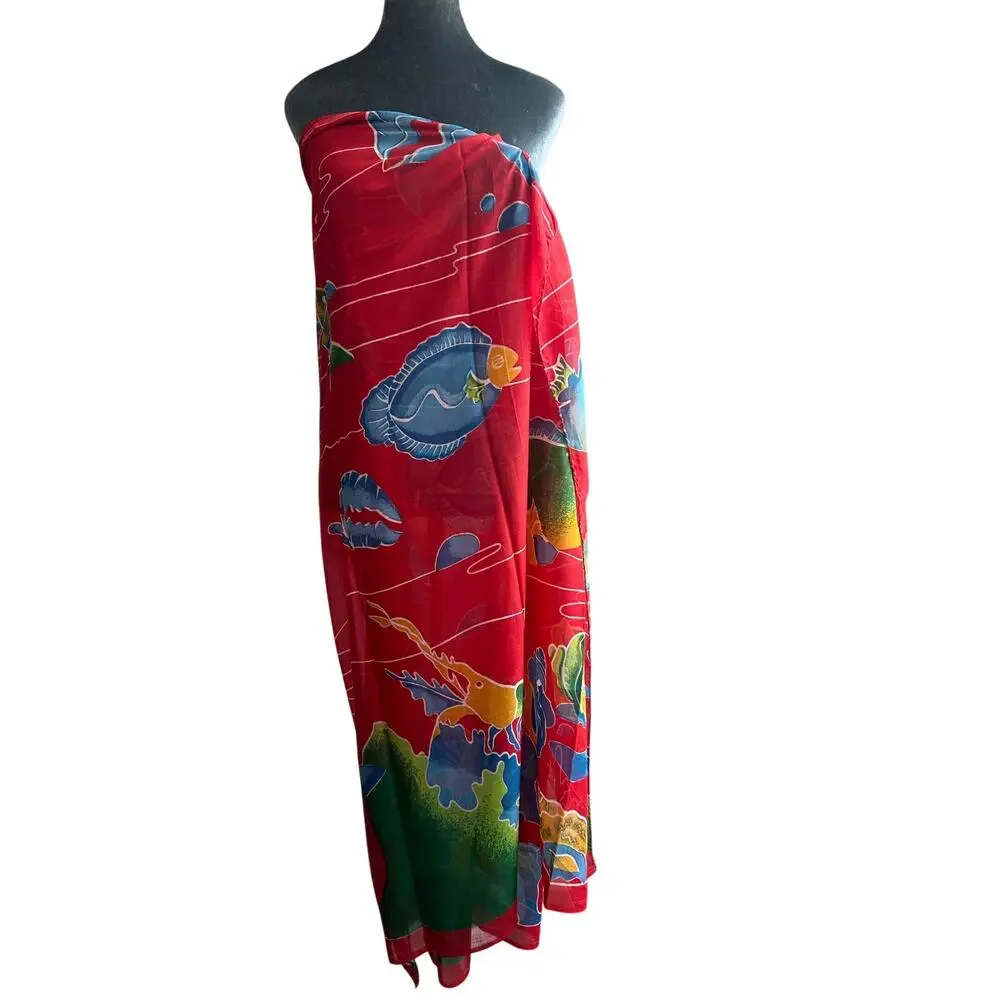 XL- coverup- Coral Fish- Bright Red blues Green wrap, shawl, sarong OSFM
